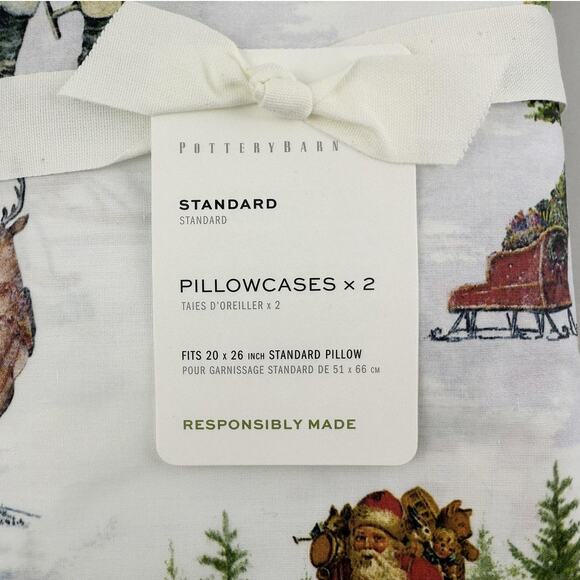 Pottery Barn Pillowcases Set of 2 Nostalgic Santa STANDARD 100% Cotton Reindeer - Picture 2 of 5